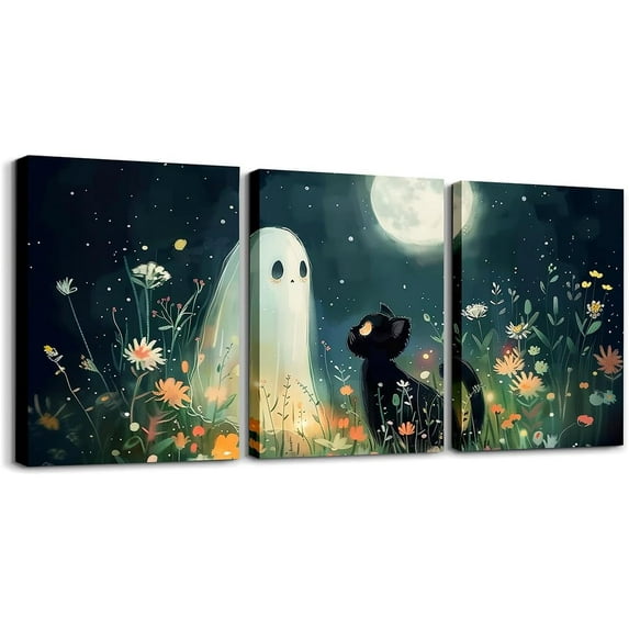 Hieng Halloween Canvas Wall Art for Living Room Ghosts Vintage Flower Office Decorations Artwork Posters Gothic Black Cat Bats Picture Wall Decor for Home Decor Bathroom（Only canvas）