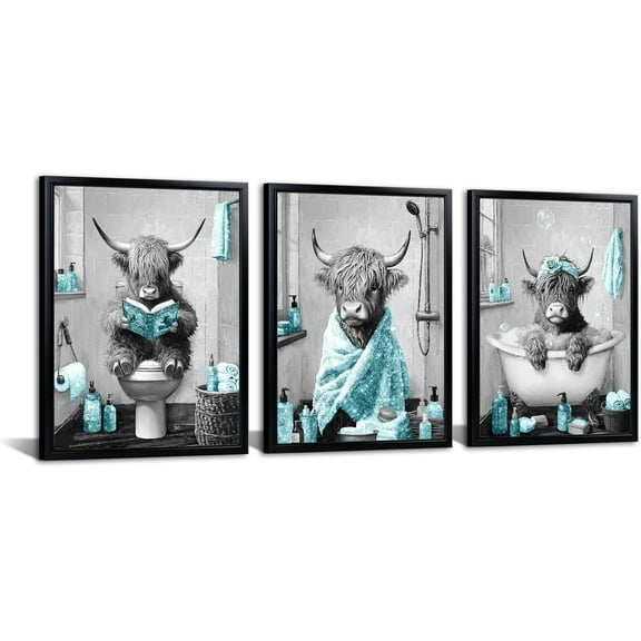 Hieng Highland Cow Bathroom Wall Art 3 Piece Funny Bathroom Pictures Canvas Print Grey and Blue Decor Unframed