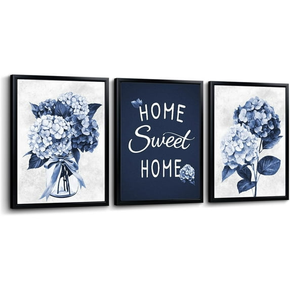 Hieng Home Sweet Home Wall Art Hydrangea Floral Painting Decor Navy Blue Flower Pictures Bathroom Decorations Unframed