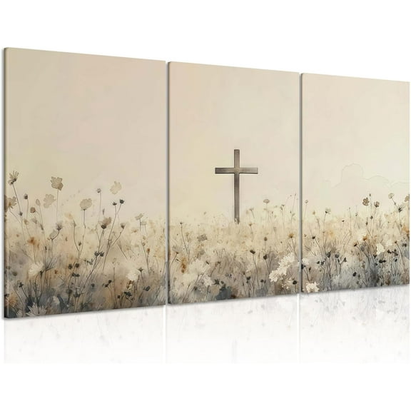 Hieng Jesus Wall Art Nature Wildflowers Cross Canvas Poster Religious Pastoral Scenery Picture Rustic Meadow Mural Country Flowers Art Print Living Room Bedroom Office