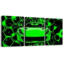 Hieng Kids Boys Race Car Canvas Wallfor Living Room Green Sports Car Picture Wall Decor for Dining Room Bedroom Bathroom Geometric Extreme Sports Game Poster Painting for Home Decor