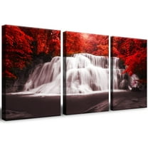 Hieng Landscape - Wall Art Painting Black White Red Waterfall Canvas Wall Art 3 Pieces,Red Trees Forest Picture Prints for Home-Office - Canvas Art Wall Art for Living Room(only canvas)