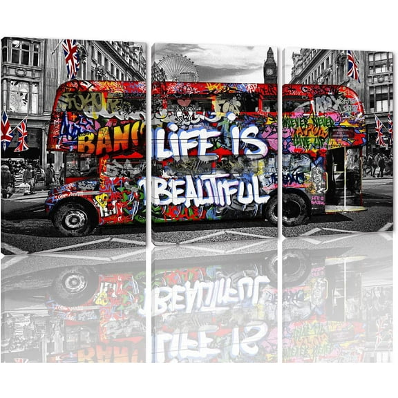 Hieng Large 3 Panels Abstract Wall Art Graffiti Love Grey Background Canvas Painting Poster for Street Living Room Wall Decor Unframed