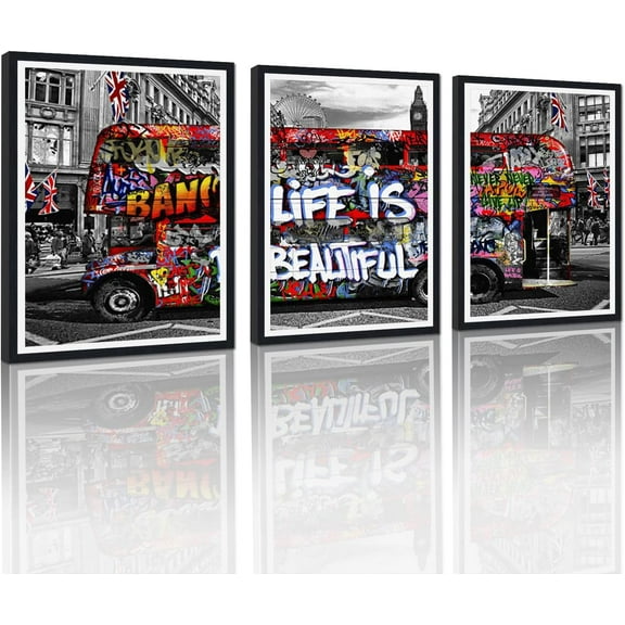 Hieng Large 3 Panels Abstract Wall Art Graffiti Love Grey Background Canvas Painting Poster for Street Living Room Wall Decor Unframed