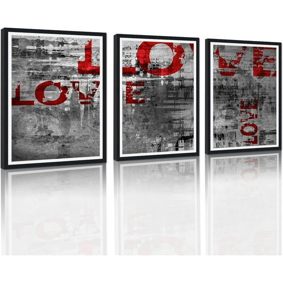 Hieng Large 3 Panels Abstract Wall Art Graffiti Love Grey Background Canvas Painting Poster for Street Living Room Wall Decor Unframed