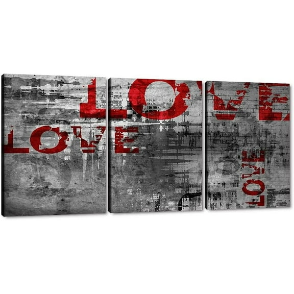 Hieng Large 3 Panels Abstract Wall Art Graffiti Love Grey Background Canvas Painting Poster for Street Living Room Wall Decor Unframed