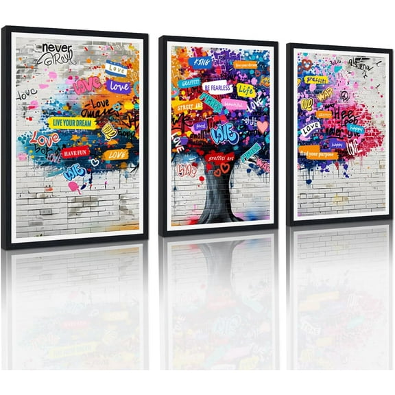 Hieng Large 3 Panels Abstract Wall Art Graffiti Love Grey Background Canvas Painting Poster for Street Living Room Wall Decor Unframed