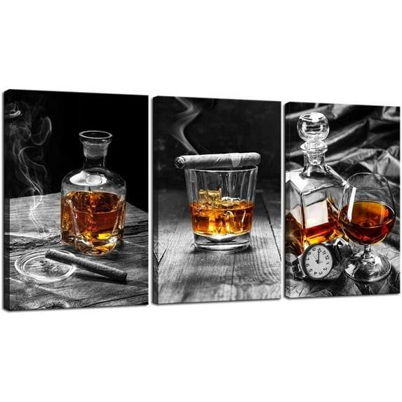 Hieng - Large 3 Piece Canvas Prints Wall Art Cigar Whisky Pictures Canvas Art Liquor Still Life Painting Giclee Print on Canvas Modern Kitchen Pub Western Wall Decor Unframed