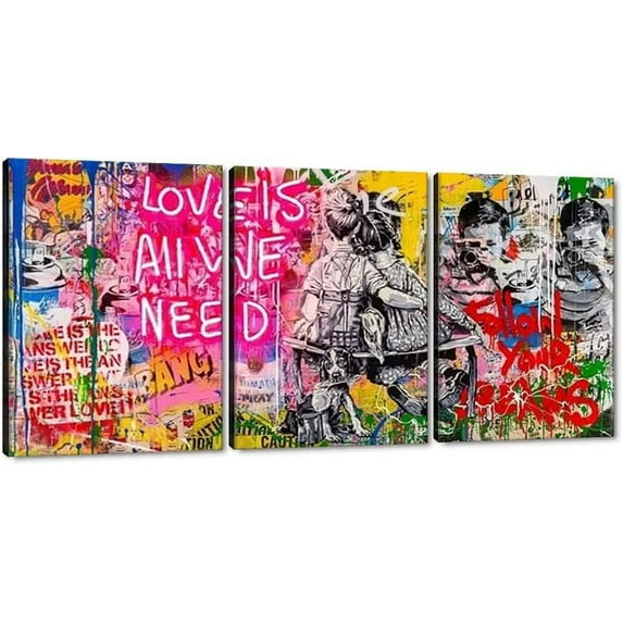 Hieng Large Living Room Canvas Wall Art 3 Panels Graffiti Black Woman Portrait Poster Abstract Street Pop Artwork for Bedroom Bathroom Wall Decor