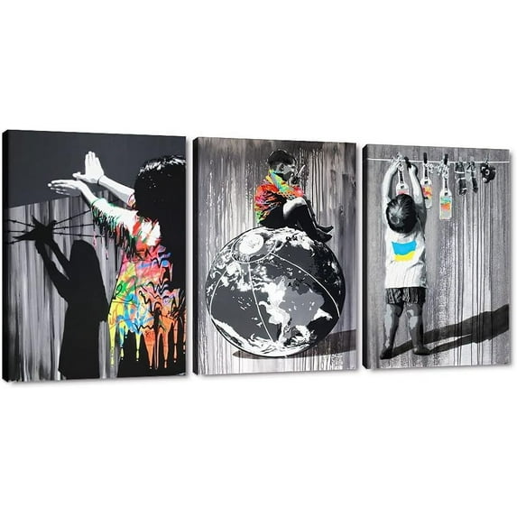 Hieng Large Living Room Canvas Wall Art 3 Panels Graffiti Black Woman Portrait Poster Abstract Street Pop Artwork for Bedroom Bathroom Wall Decor