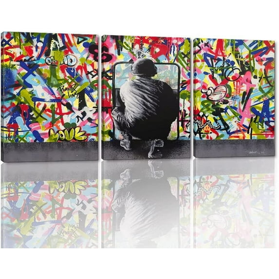 Hieng Large Living Room Canvas Wall Art 3 Panels Graffiti Black Woman Portrait Poster Abstract Street Pop Artwork for Bedroom Bathroom Wall Decor