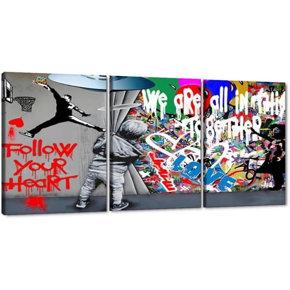 Hieng Large Living Room Canvas Wall Art 3 Panels Graffiti Black Woman Portrait Poster Abstract Street Pop Artwork for Bedroom Bathroom Wall Decor