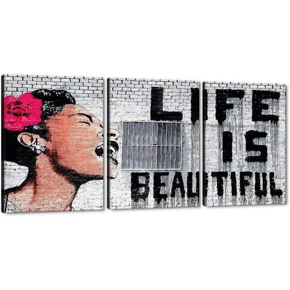 Hieng Large Living Room Canvas Wall Art 3 Panels Graffiti Black Woman Portrait Poster Abstract Street Pop Artwork for Bedroom Bathroom Wall Decor