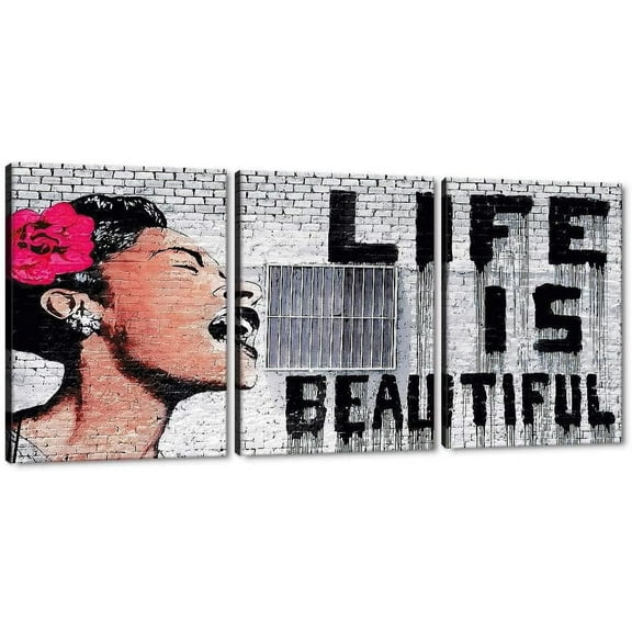 Hieng Large Living Room Canvas Wall Art 3 Panels Graffiti Black Woman Portrait Poster Abstract Street Pop Artwork for Bedroom Bathroom Wall Decor