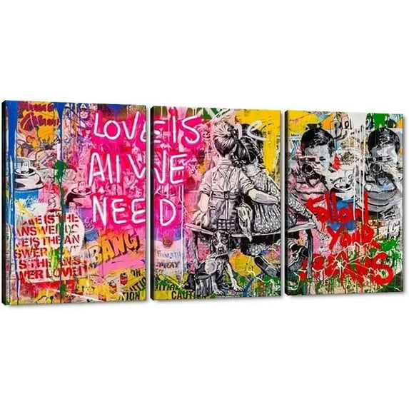 Hieng Large Living Room Canvas Wall Art 3 Panels Graffiti Black Woman Portrait Poster Abstract Street Pop Artwork for Bedroom Bathroom Wall Decor