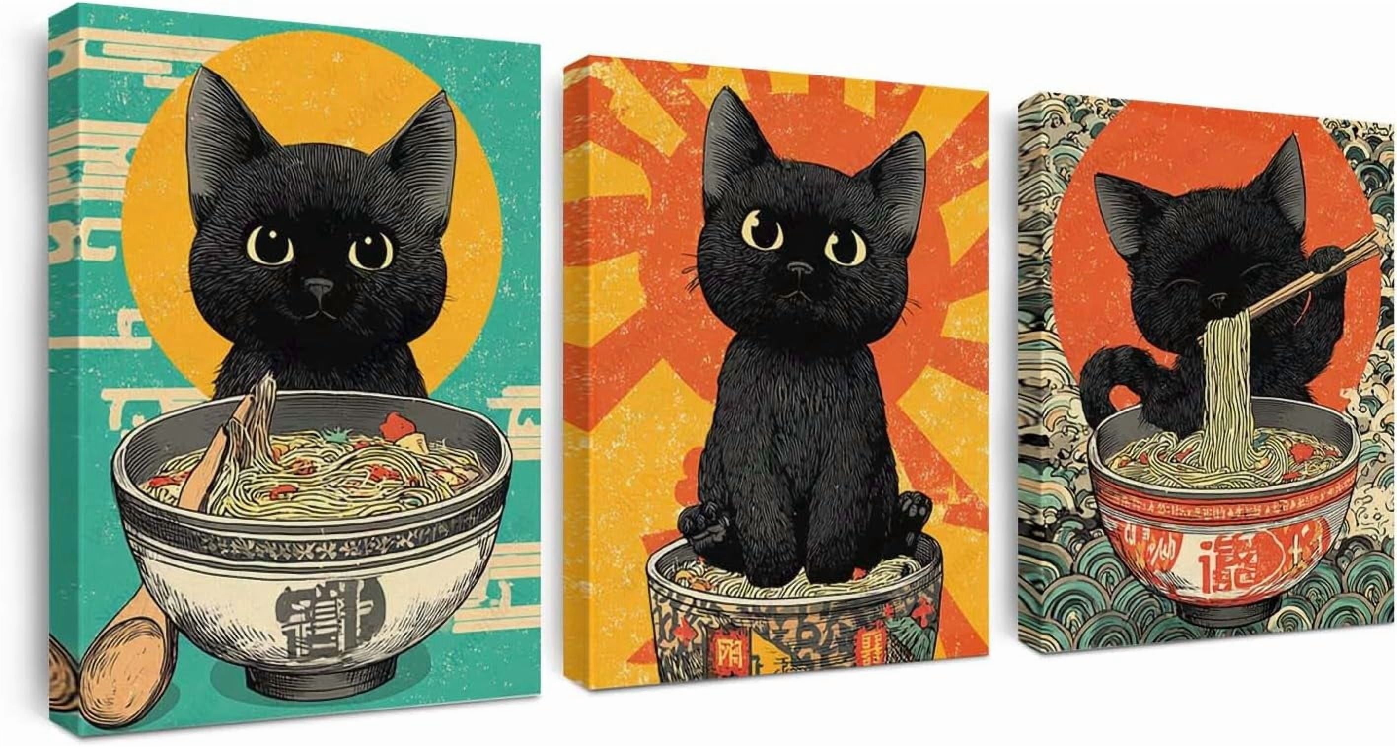 Hieng Hieng Large Wall Art Posters,Japanese Black Cat Canvas Art Set Wall ...