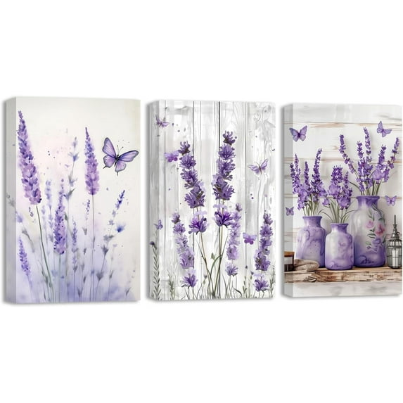 Hieng Lavender Wall Art 3 Pieces Purple Floral with Butterfly Canvas Prints Country Flower Art Picture Rustic Farmhouse Kitchen Bathroom Decor Unframed