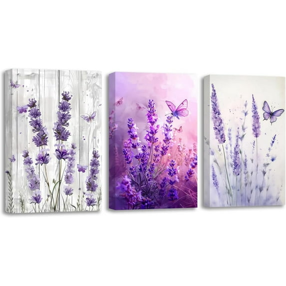 Hieng Lavender Wall Art 3 Pieces Purple Floral with Butterfly Canvas Prints Country Flower Art Picture Rustic Farmhouse Kitchen Bathroom Decor Unframed