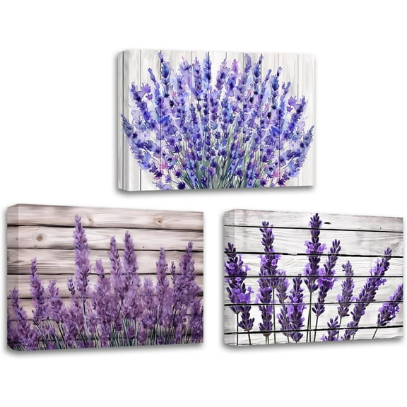 Hieng Lavender Wall Art 3 Pieces Purple Floral with Butterfly Canvas Prints Country Flower Art Picture Rustic Farmhouse Kitchen Bathroom Decor Unframed