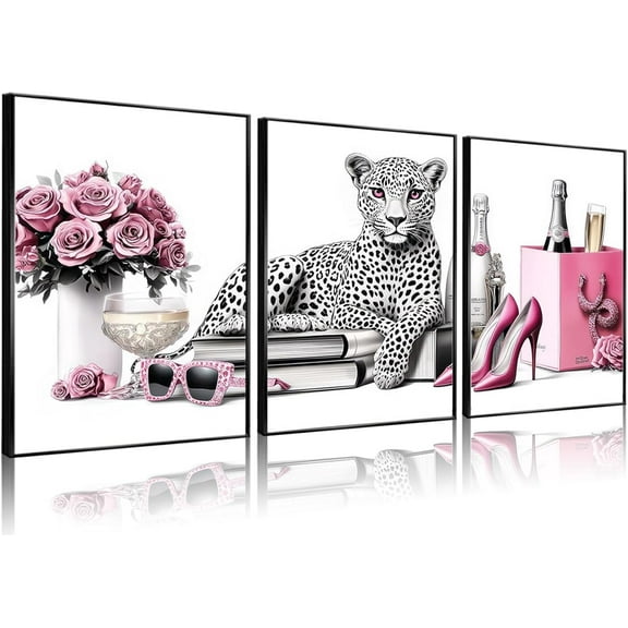 Hieng Leopard Print Canvas Wall Art Picture Fashion Cheetah Printed Stylish Pink Books High Heels Perfume Poster Painting Preppy Girl Wall Decor for Living Room Women Bedroom（Only canvas）