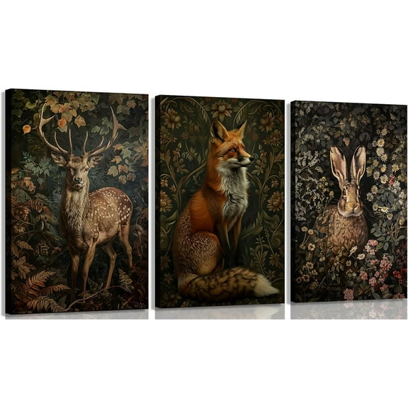 Hieng of Magical Woodland Animals Canvas Wall Art Dark Academy Wildlife Painting Picture Wall Decor Moody Flowers Style Print Artwork for Living Room Bedroom Home Decoration Unframed