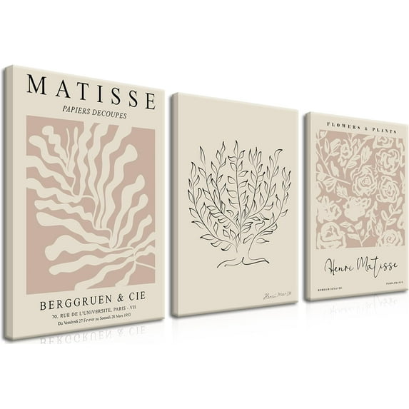 Hieng Matisse Aesthetic Canvas Wall Art, Abstract Henri Matisse Beige Neutral Wall Home Decor Boho Flower Abstract Poster Prints, for Living Room Bedroom(Only canvas)