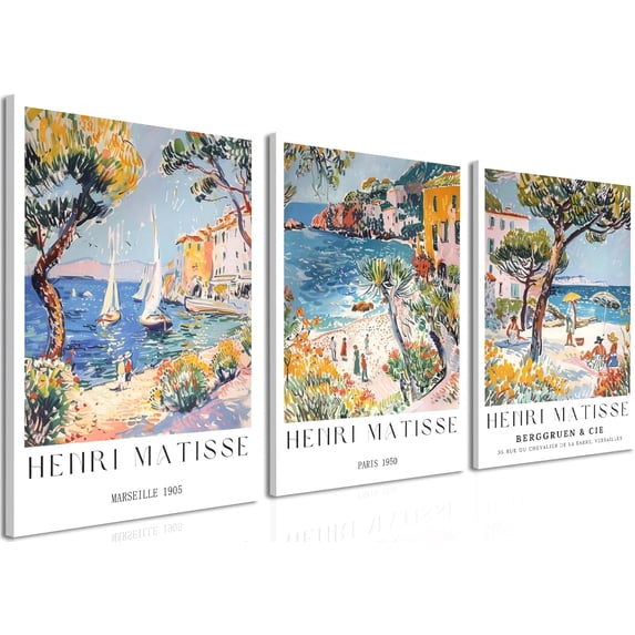 Hieng Matisse Blue Coastal View Wall Art Black Cat Flower Painting Wall Decor Vintage Open Window Landscape Canvas Poster Prints for Kitchen Living Room（Only canvas）