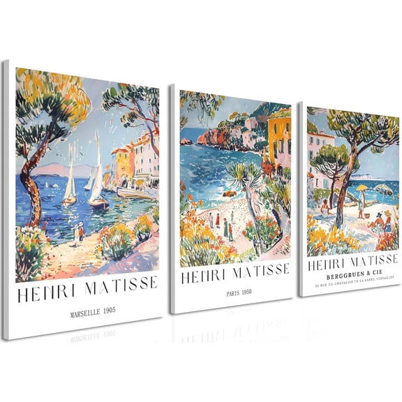 Hieng Matisse Blue Coastal View Wall Art Black Cat Flower Painting Wall Decor Vintage Open Window Landscape Canvas Poster Prints for Kitchen Living Room(Only canvas)