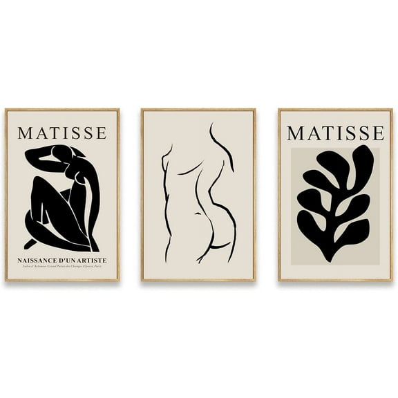 Hieng Matisse Wall Art Set of 3,Modern Abstract Wall Art,Boho Wall Decor Room Artwork for Livingroom,Office,Bedroom -12''x16''x3Pcs Natural Framed