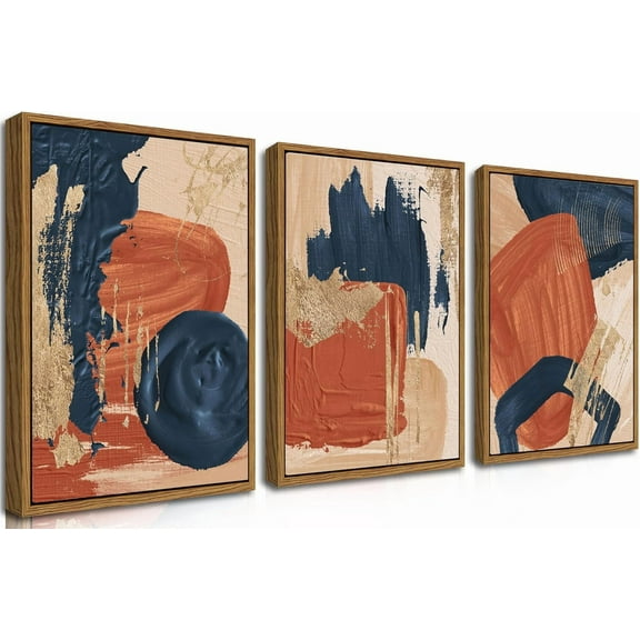 Hieng Mid Century Abstract Canvas Wall Art Set of 3, Terracotta Navy Blue and Orange Boho Wall Decor Posters Prints, Minimalist Wall Art Painting for Living Room Bedroom Office