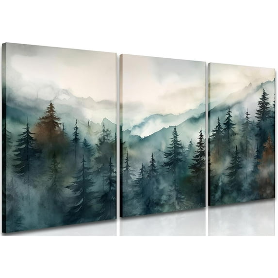 Hieng Mountain Canvas Wall Art, Boho Watercolor Poster Prints Painting, Sun Forest Abstract Nature Landscape Artwork Wall Decor for Living Room, Bedroom（Only canvas）