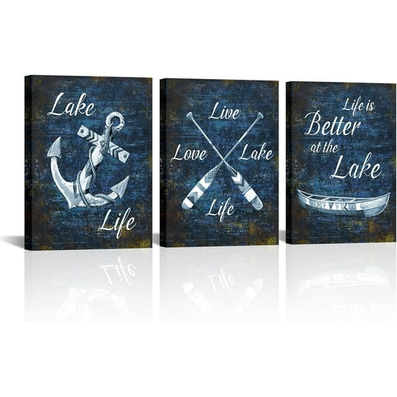 Hieng Navy Blue Lake Canvas Prints Farmhouse Lake Life Theme Wall Art Lakehouse Cabin Nautical Quote Picture Painting Home Bathroom Wall Decor12x16inchx3panels