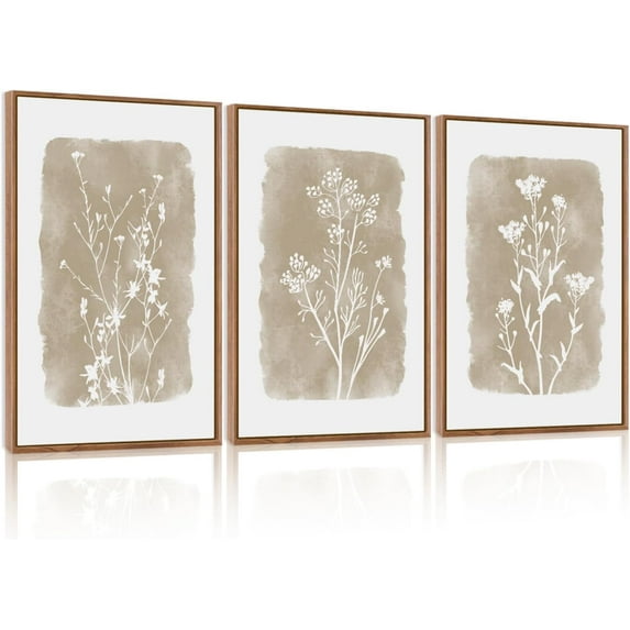 Hieng Neutral Botanical Wall Art , Large Framed Boho Farmhouse Wall Decor, Modern Minimalist Floral Wall Painting, Rustic Wildflower Canvas Art Prints for Living Room, Bedroom Unframed
