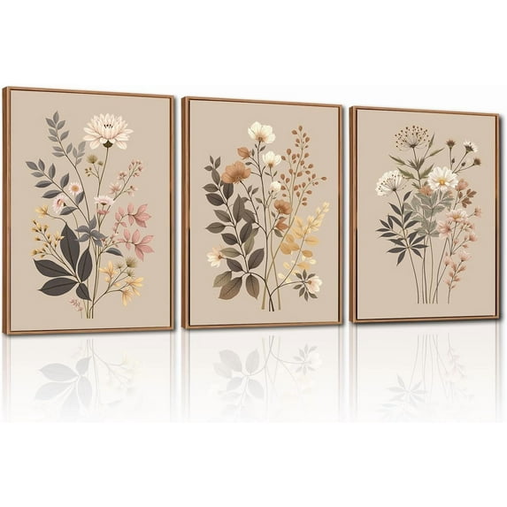 Hieng Neutral Botanical Wall Art , Large Framed Boho Farmhouse Wall Decor, Modern Minimalist Floral Wall Painting, Rustic Wildflower Canvas Art Prints for Living Room, Bedroom Unframed
