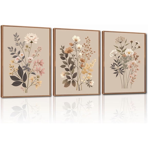 Hieng Neutral Botanical Wall Art , Large Framed Boho Farmhouse Wall Decor, Modern Minimalist Floral Wall Painting, Rustic Wildflower Canvas Art Prints for Living Room, Bedroom Unframed