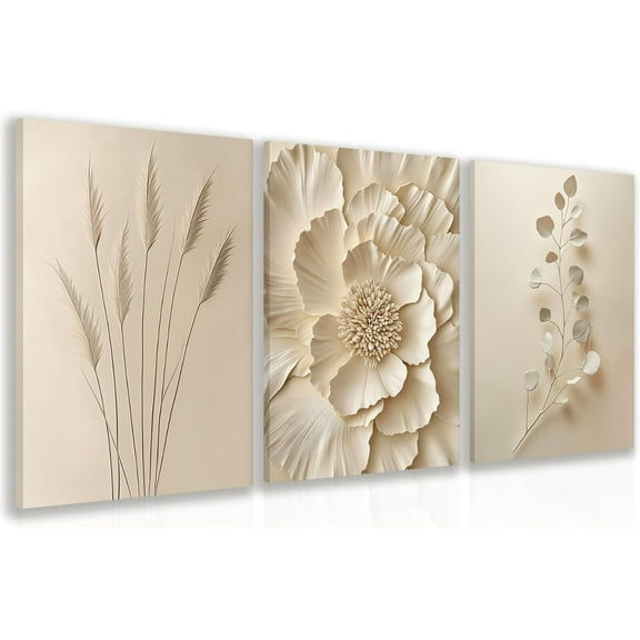 Hieng Neutral Simple Beige Floral Canvas Wall Art, Modern Minimalist Botanical Wall Decor, Vintage Beige Flower Poster Prints for Living Room Bedroom Farmhouse(Only canvas)