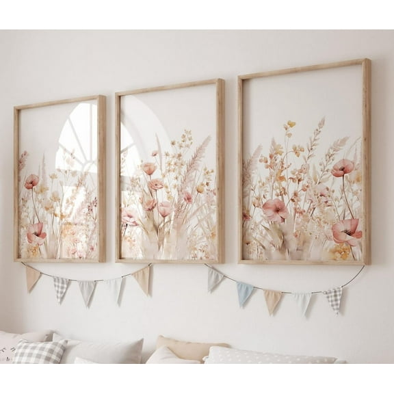 Hieng Nursery Wall Art Print Wildflower Poster Pictures 3 Pieces Floral Botanical Canvas Painting for Girls Room Nursery Decor With Inner Frame