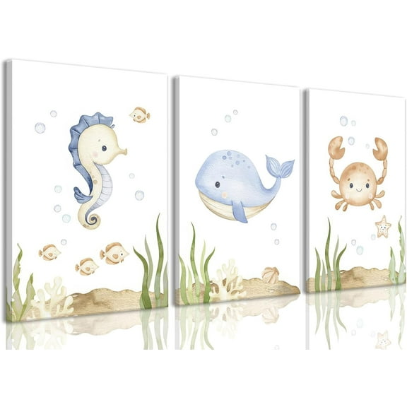 Hieng Nursery Wall Art Sea Animal Canvas Prints Baby Girl Boy Room Decor Watercolor Paintings Pictures Cute Ocean Theme Toddler Room Decoration Set of 3 for Kids Bedroom Bathroom