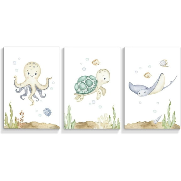 Hieng Nursery Wall Art Sea Animal Canvas Prints Baby Girl Boy Room Decor Watercolor Paintings Pictures Cute Ocean Theme Toddler Room Decoration Set of 3 for Kids Bedroom Bathroom
