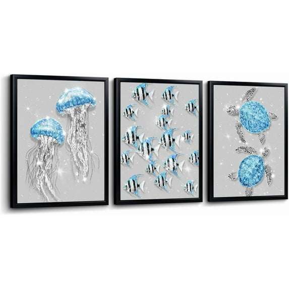Hieng Ocean Animal Wall Art Jellyfish Fish Sea Turtle Picture Prints Glam Blue and Grey Bathroom Decor Artwork Unframed