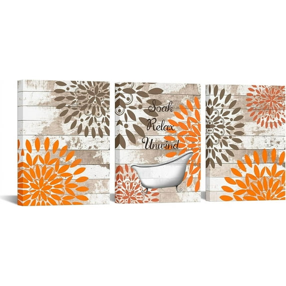 Hieng Orange Bathroom Wall Art 3 Pieces Dahlia Flower Prints Relax Relax Unwind Signs Rustic Wood Background and Artwork (only canvas)