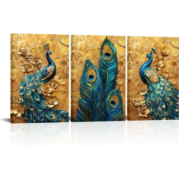 Hieng Peacock Canvas Wall Art 3 Panels Gold Feather Bird Pictures Blue Animal Print Modern Artwork Home Living Room Decor(only canvas)