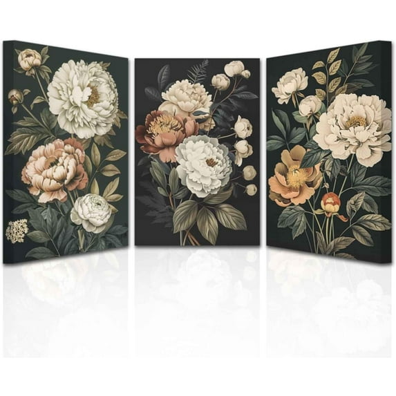 Hieng Peony Flower Wall Art 3 Pieces Peony Canvas Prints Vintage Floral Painting Abstract Rustic Dark Plant Artwork for Farmhouse Bedroom Decor Unframed
