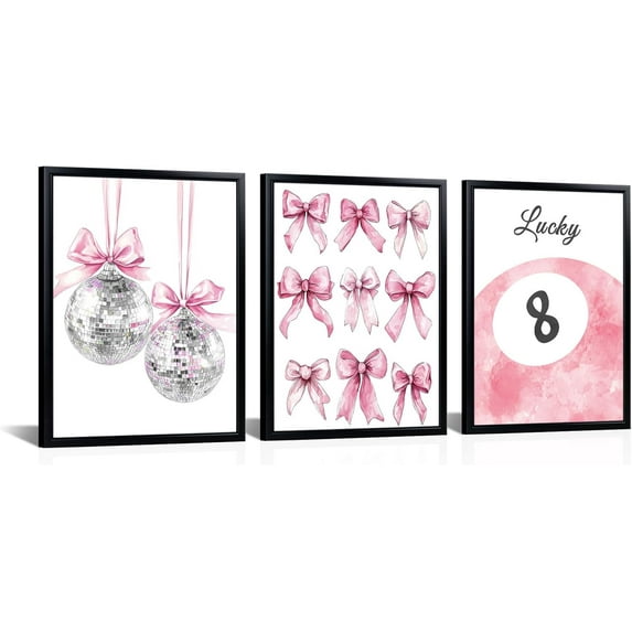 Hieng Pink Bows Canvas Wall Art Lucky 8 Ball Girly Disco Ball Painting Aesthetic Poster Prints Wall Decor for Preppy Room College Apartment Living Room Girls Bedroom Black(Only canvas)