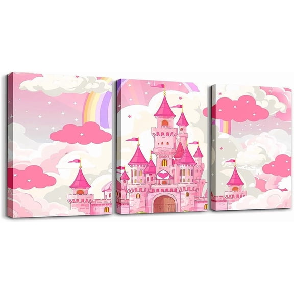 Hieng Pink Castle Picture Wall Decor Rainbow Castle Canvas Wall Art for Living Room Bedroom Girls Princess Bathroom Wall Art for Home Decor Fairy Tales Wall Painting Girls (Only canvas)