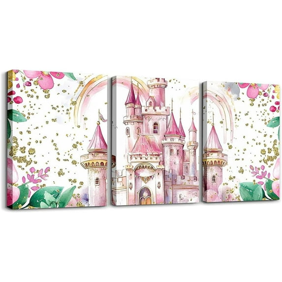 Hieng Pink Castle Picture Wall Decor Rainbow Castle Canvas Wall Art for Living Room Bedroom Girls Princess Bathroom Wall Art for Home Decor Fairy Tales Wall Painting Girls (Only canvas)