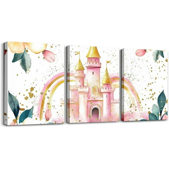 Hieng Pink Castle Picture Wall Decor Rainbow Castle Canvas Wall Art for Living Room Bedroom Girls Princess Bathroom Wall Art for Home Decor Fairy Tales Wall Painting Girls （Only canvas）