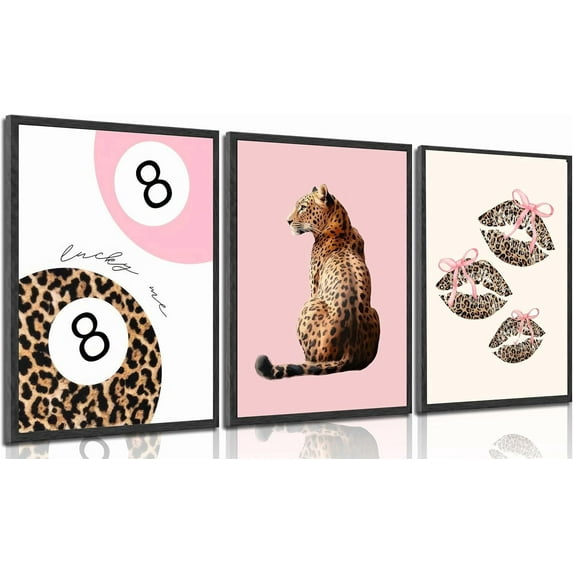 Hieng Pink Cheetah Wall Art Leopard Bow Print Painting Fashion Lucky 8 Ball Poster Leopard Lips Canvas Wall Decor Funky Preppy Room Aesthetic Picture for Girls Room Dorm Apartment Unframed