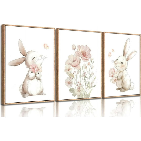 Hieng Pink Girl Nursery Bunny Canvas Wall Art Cute Rabbit Wildflowers Painting Pictures Wall Decor Botanical watercolor Flower Poster printing artwork
