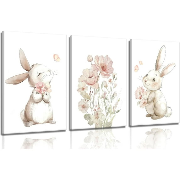 Hieng Pink Girl Nursery Bunny Canvas Wall Art Cute Rabbit Wildflowers Painting Pictures Wall Decor Botanical watercolor Flower Poster printing artwork